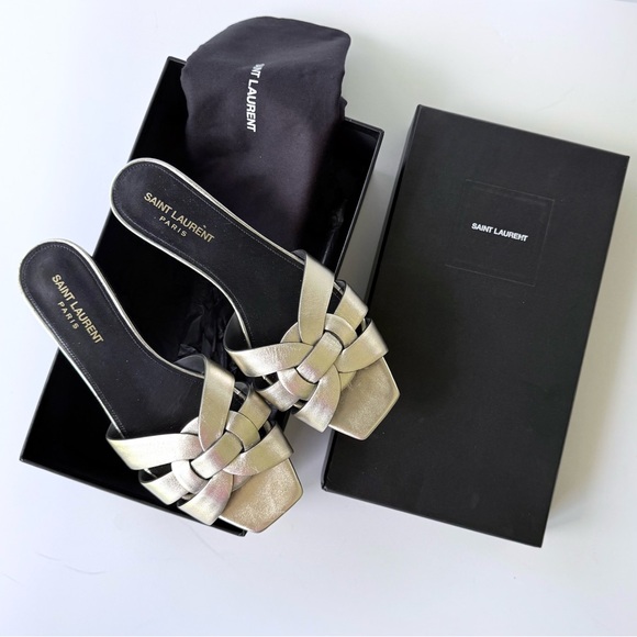 Saint Laurent Tribute Nu Pieds Metallic Leather Slide Sandals in Platino 38.5 - Picture 1 of 14